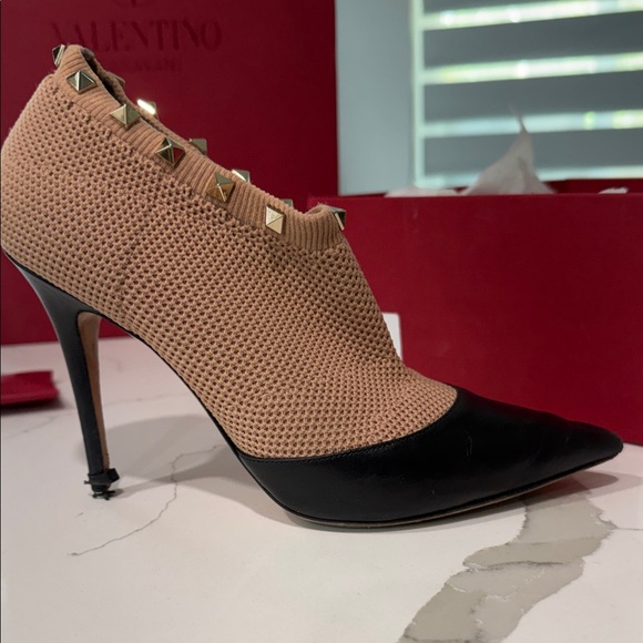 Valentino Garavani Beige Mesh and Black Leather Studded Ankle Boot - Picture 7 of 16